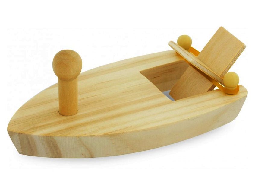 Jouet de bain bateau à élastique en bois naturel et massif