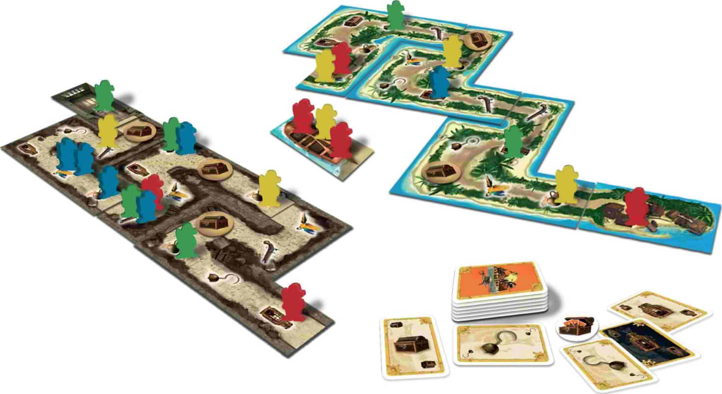 Le jeu de plateau Cartagena présente plusieurs variantes. Ici on voit les cachots et la jungle, les équipes de pirate et les cartes.