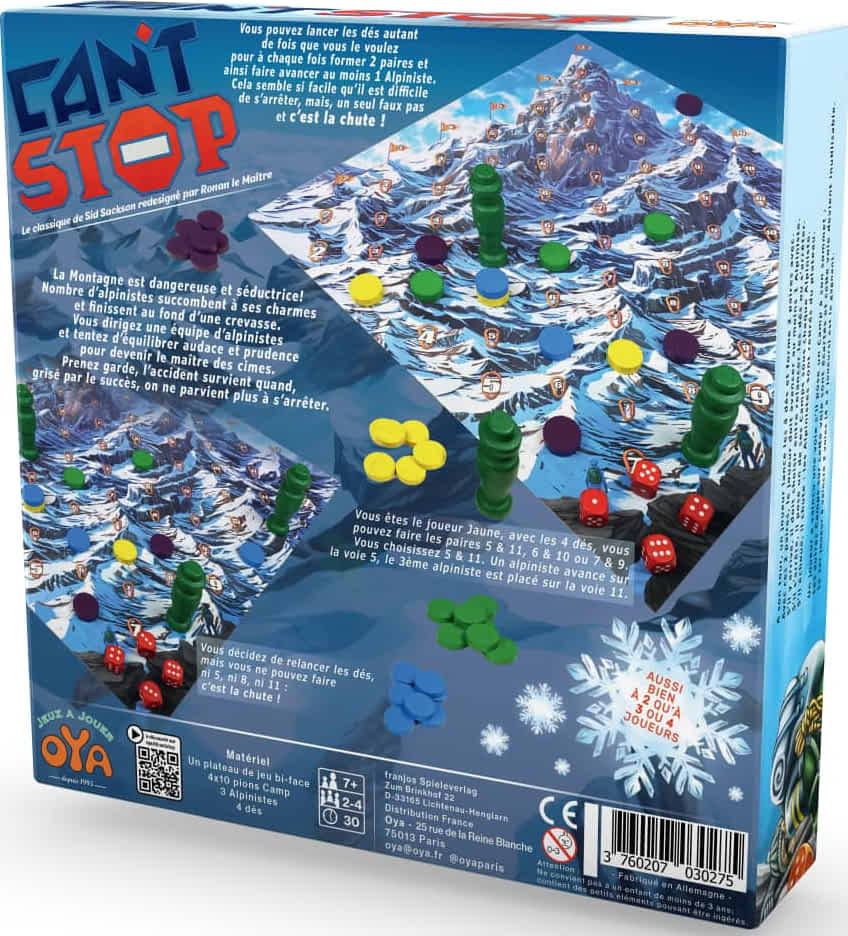 Le dos de la boite du jeu Can't Stop avec le résumé des règles, le plateau de jeu montagne et les alpinistes pions.