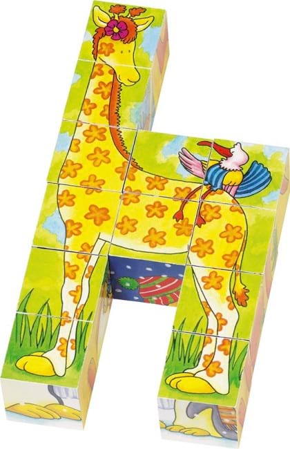 Un oiseau assis sur une girafe reconstituée avec les cubes puzzle Goki