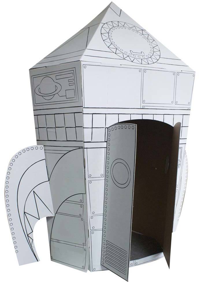 Cabane en carton à colorier : modèle maison fusée