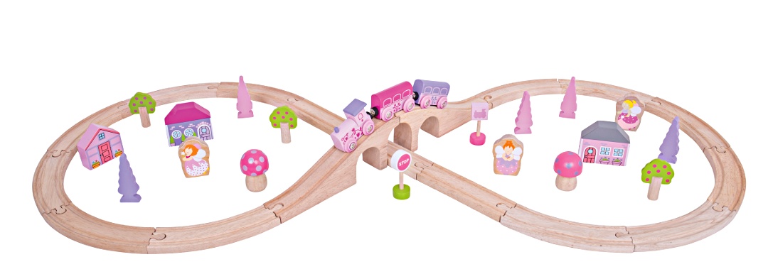Circuit de train en bois rose pour fille thème fée. Jouet de construction Goki. Compatible Brio