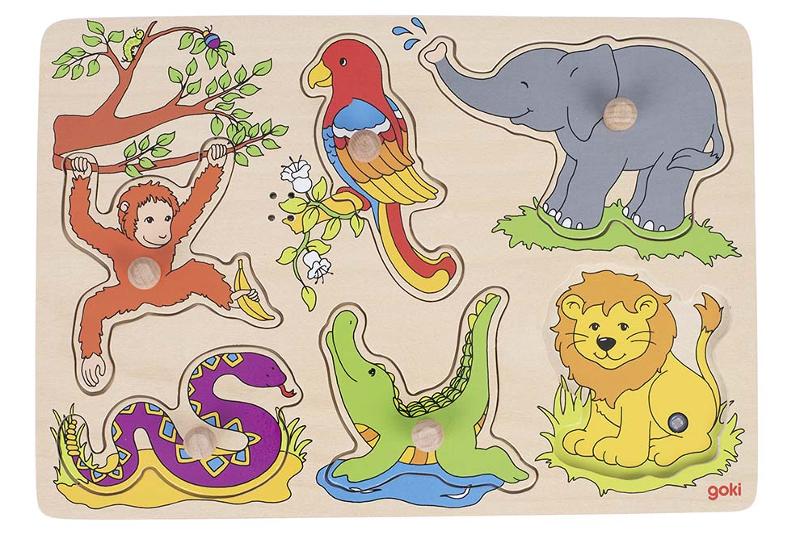 Puzzle bébé en bois animaux de la jungle,  puzzle à encastrement premier âge