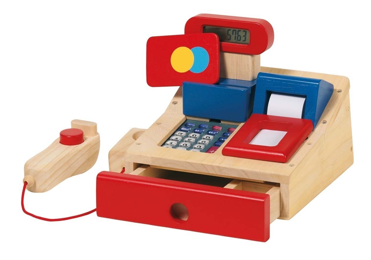 Caisse enregistreuse en bois avec calculatrice pour marchande