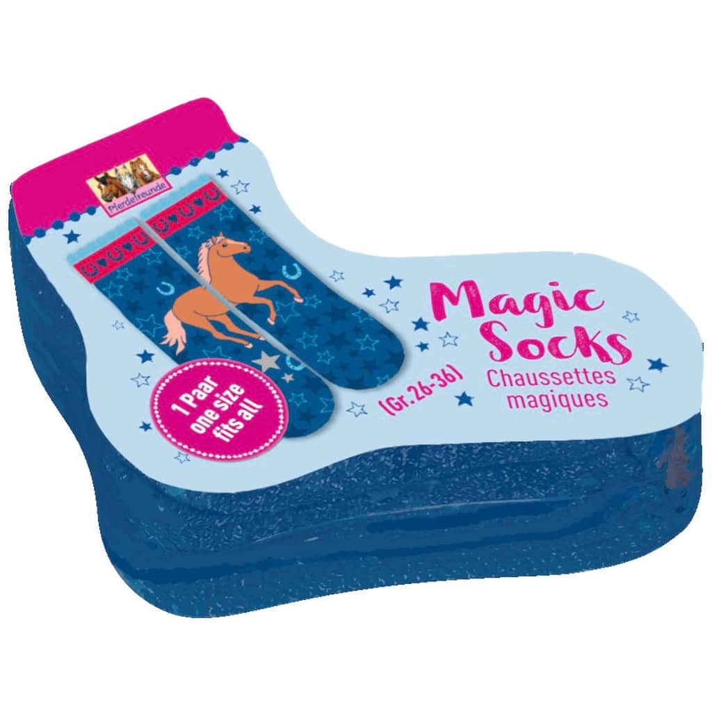 Paire de chaussettes magique couleur bleu motif cheval ou poney