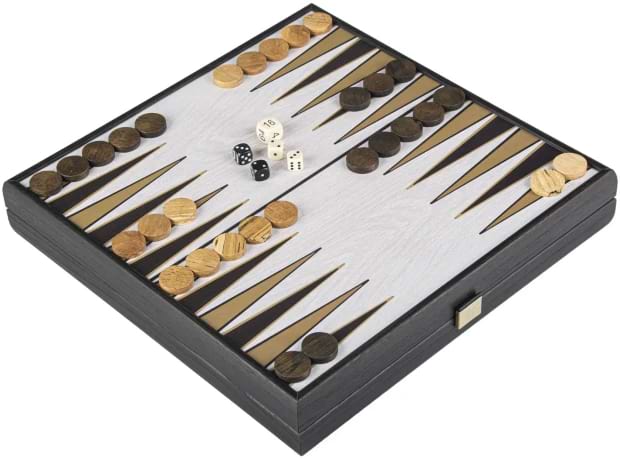 Backgammon Manopoulos en marquetterie fait main dans coffret 4 jeux en bois