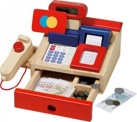 Caisse enregistreuse en bois avec calculatrice