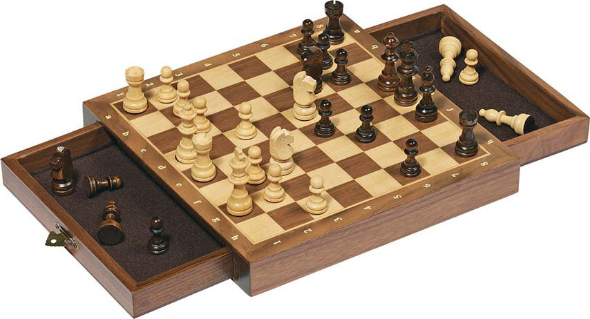 Jeu d'échecs en bois avec tiroirs, plateau magnétique