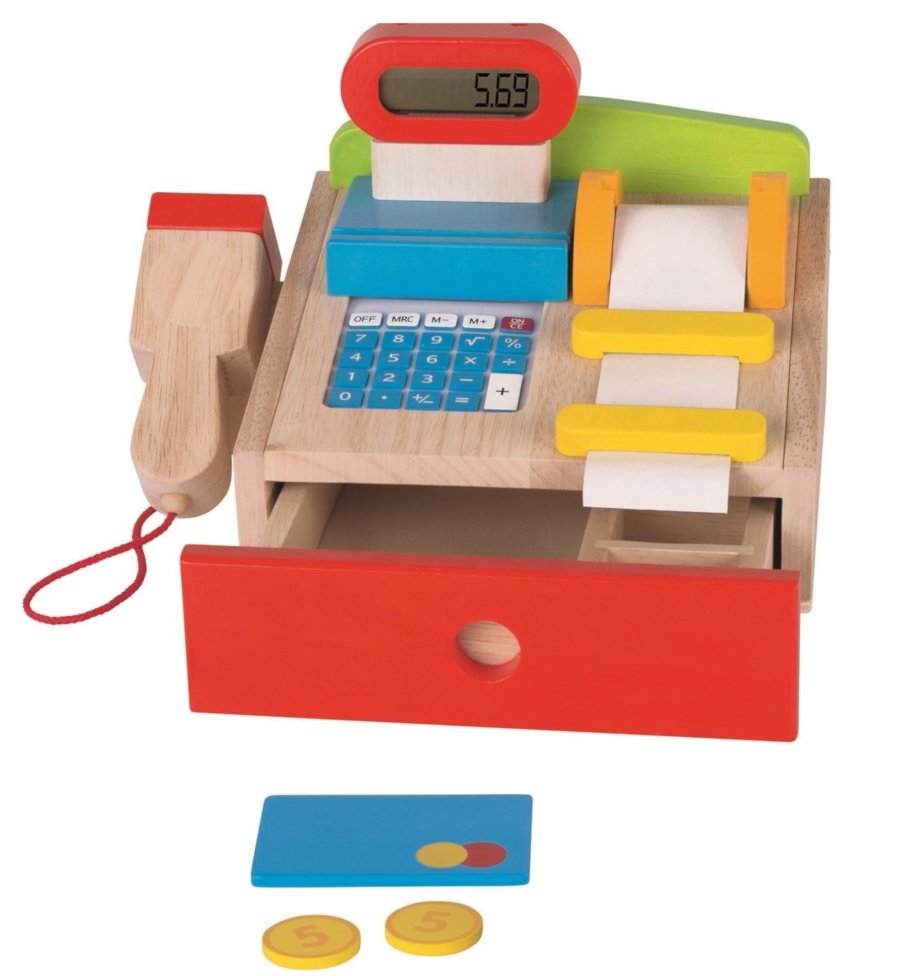 Caisse enregistreuse en bois colorée de marchande avec calculatrice