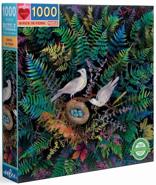 Puzzle 1000 pièces : Oiseaux et nid de fougères en carton recyclé