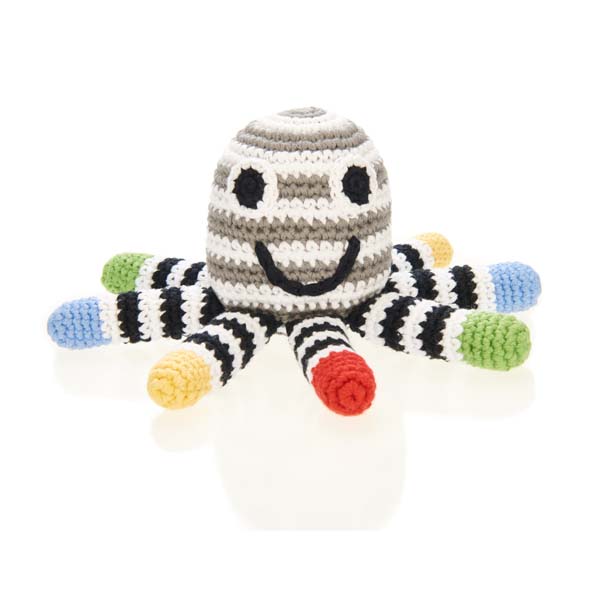 Hochet pieuvre au crochet bio, 10 couleurs Pebblechild