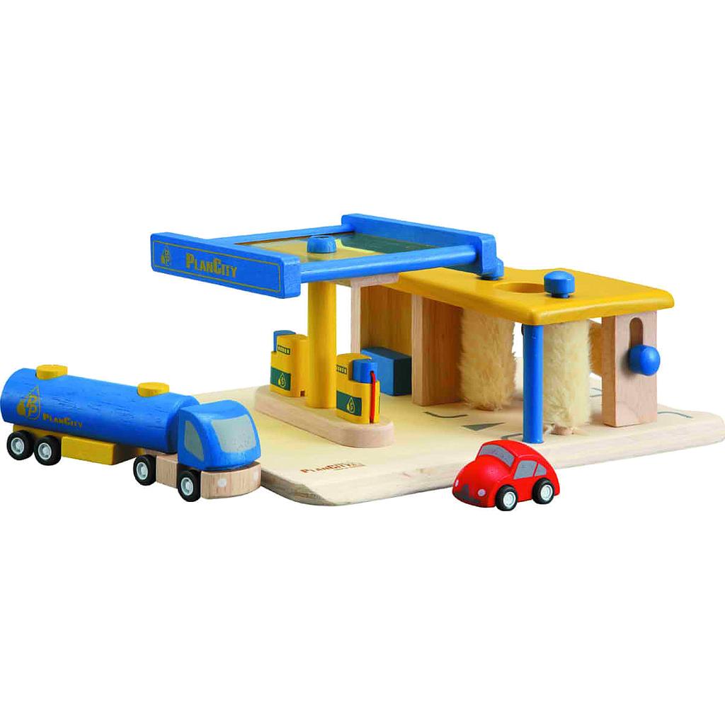 Garage station service et 2 véhicules en bois
