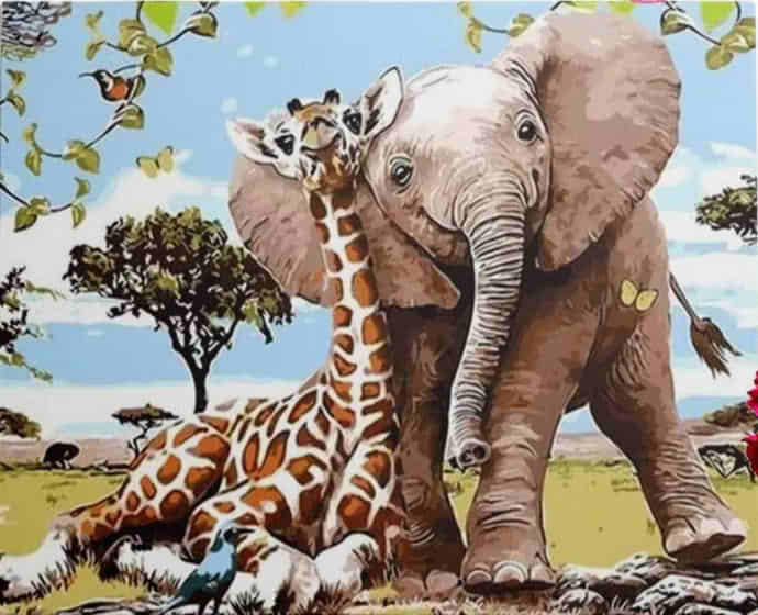 L'éléphant et la girafe, tableau à peindre soi-même
