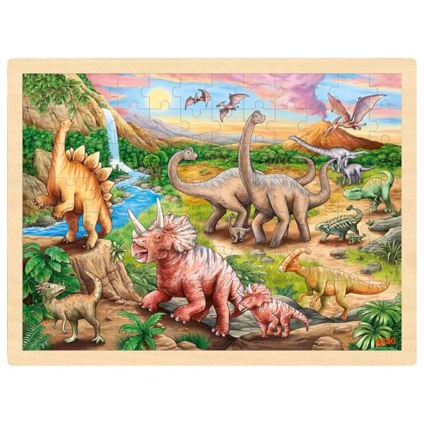 Les monstrueux dinosaures (T-Rex ou en troupeau), puzzle 96 pièces en bois Goki