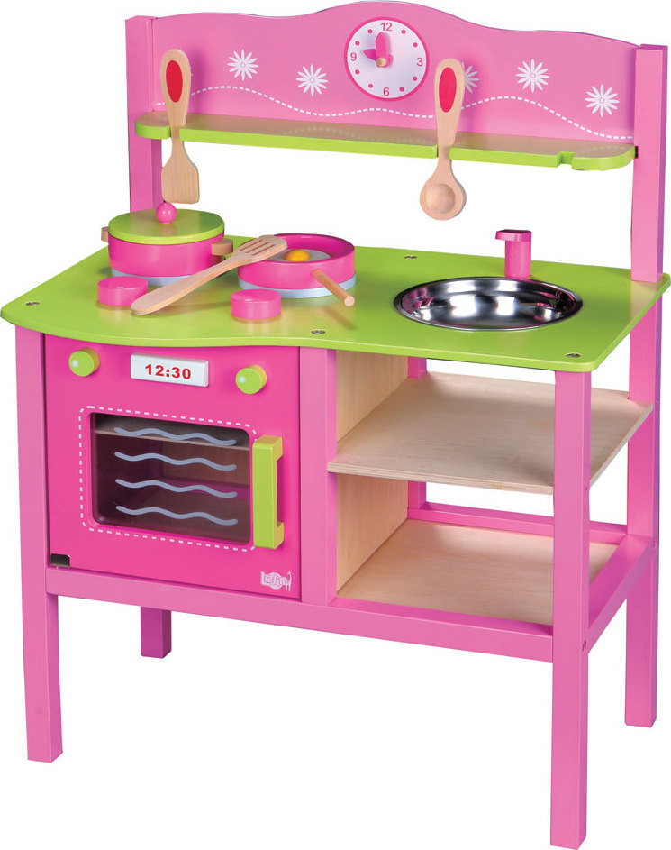 Cuisine enfant en bois rose avec accessoires de dinette