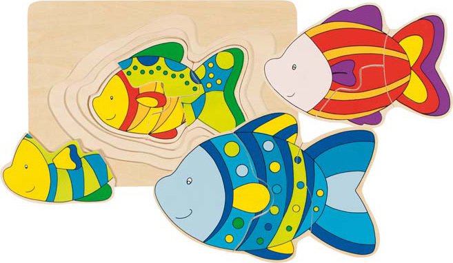Puzzle en bois papillon ou poisson de 4 couches et 11 pièces, Goki